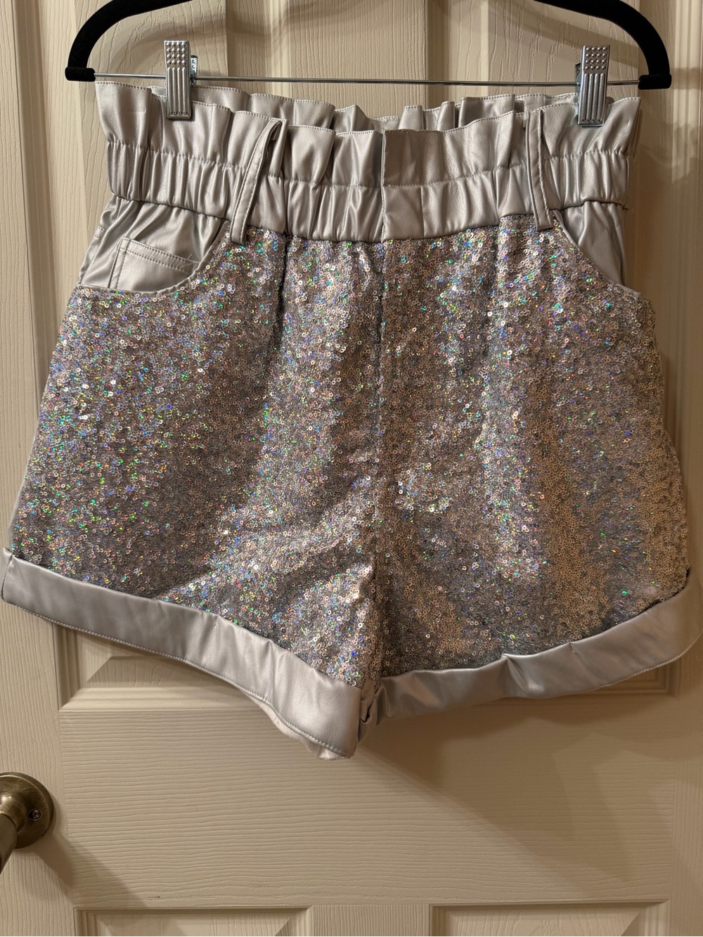 Fantastic Fawn Silver Sequin High-Waist Paperbag Shorts